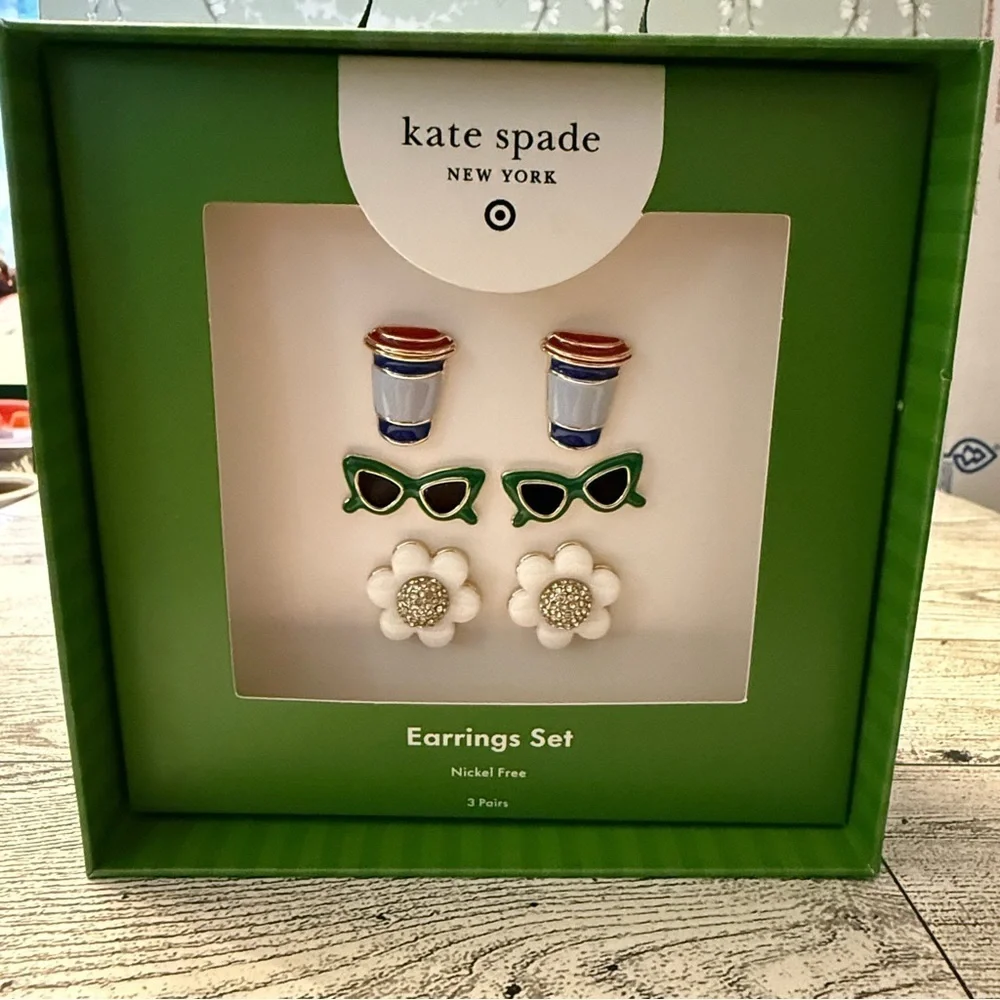 Kate Spade x Target Stud Earrings Sunglasses Flowers Coffee Cups 3 Pairs New